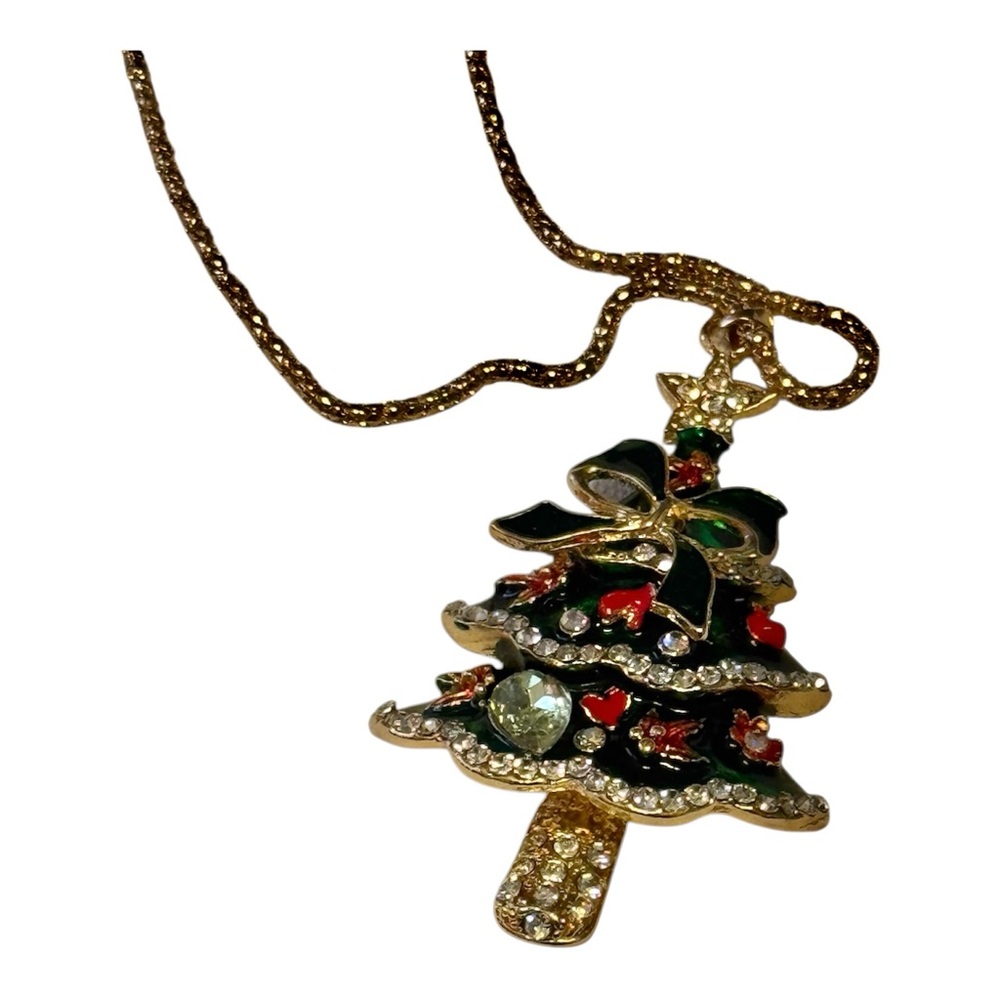 NWOT Christmas Tree Necklace w Gold & Green Rhinestones  Necklace Pendant wChain